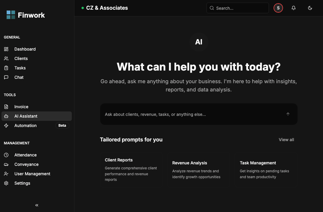Finwork CA Practice Management Dashboard